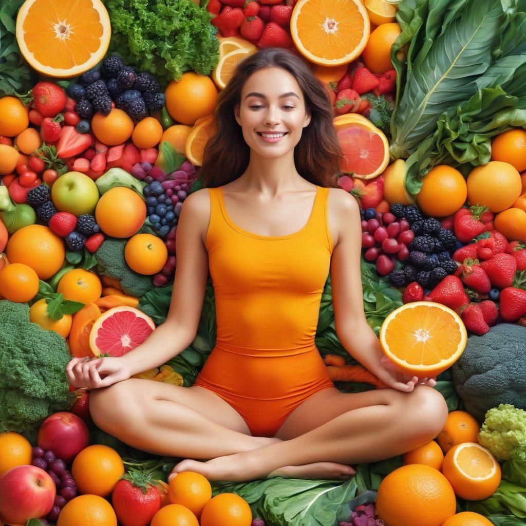 A vibrant, colorful illustration of a gut featuring happy, healthy microbes, surrounded by a variety of fresh fruits and vegetables symbolizing nutrition. Include a human figure meditating beside the gut, representing holistic wellness, with a soft, calming background. Emphasize the connection between food and gut health. digital painting. vibrant colors. soothing tones.