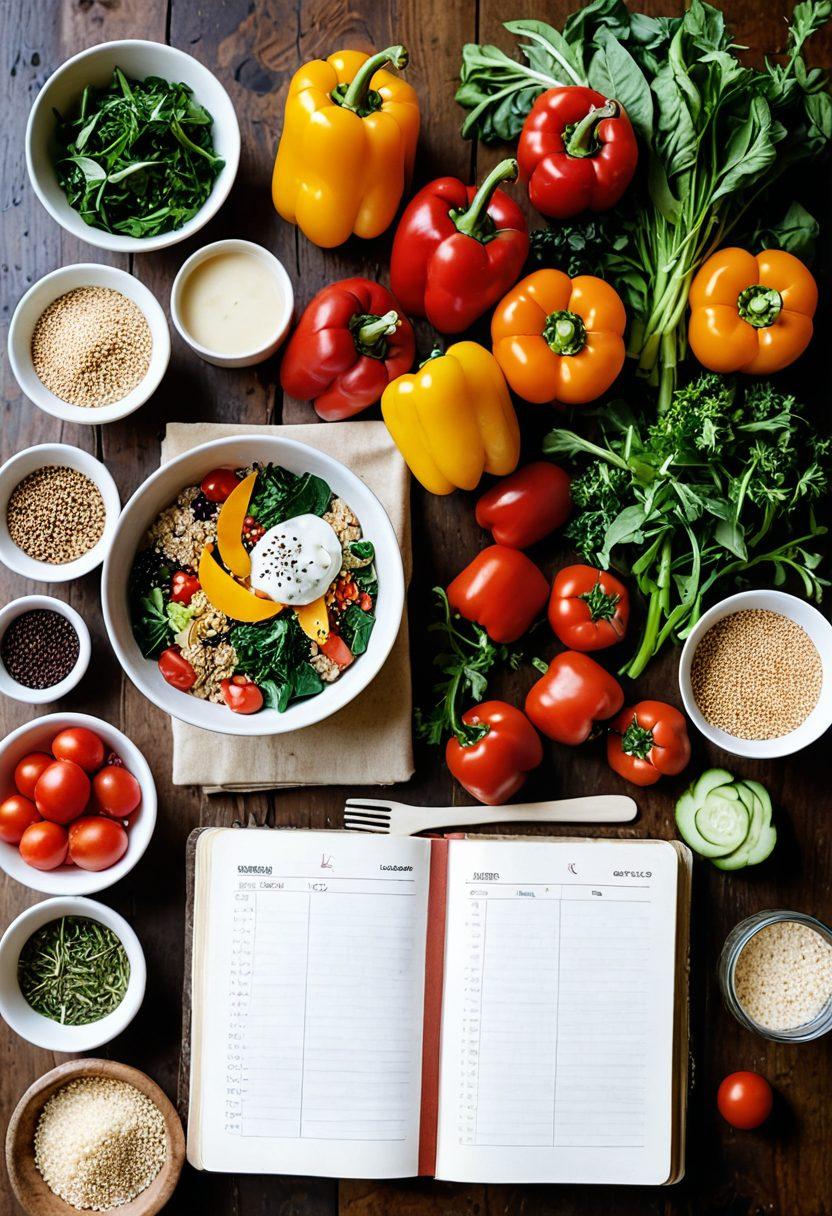 A vibrant and inviting spread of IBS-friendly foods featuring colorful vegetables, whole grains, and probiotic-rich foods like yogurt and kefir, artfully arranged on a wooden kitchen table. Include a meal planning notebook with healthful recipes and a cup of herbal tea beside it, exuding a warm, nourishing atmosphere. Soft natural lighting enhances the freshness of the ingredients. super-realistic. vibrant colors. natural lighting.