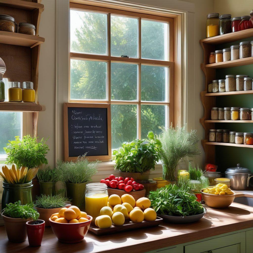 An inviting kitchen scene showcasing an array of colorful, fresh fruits and vegetables beside a well-organized pantry filled with grains and legumes. In the background, a serene, sunlit window with herbs growing in pots, symbolizing the harmony of nature and nutrition. Include a motivating quote about gut health on a chalkboard. cozy and warm atmosphere. vibrant colors. super-realistic.